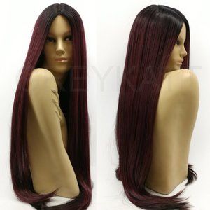 Wine red heat resistant long straight wig